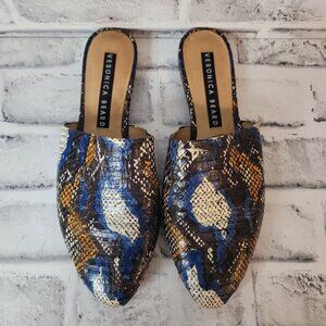 Veronica Beard Geri Mules Pointed Toe Blue Gold Snake Size 37 7